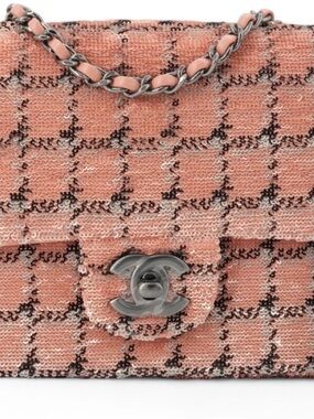CHANEL Sequined ‘23 Peach-Pink Tweed Flap Shoulder Bag with Silver-Tone Hardware